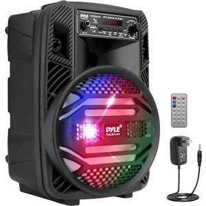 Pyle Portable Bluetooth PA Speaker System - 300W Rechargeable Outdoor Bluetooth Speaker Portable PA System w/ 8 Subwoofer 1 Tweeter, Microphone In, Party Lights, MP3/USB, Radio, Remote -PPHP835B