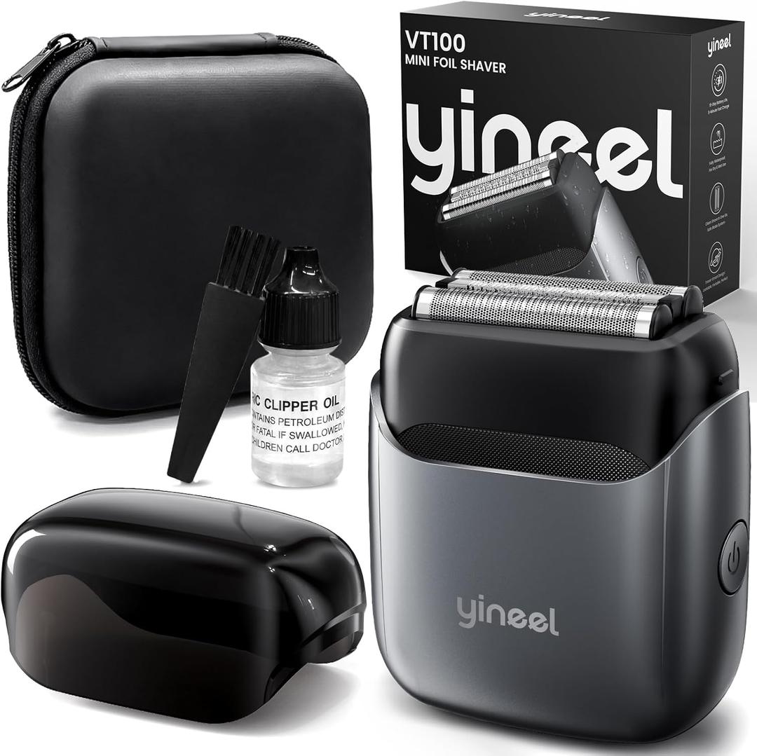 Yineel VT100 Electric Foil Shavers for Men, Pocket-Sized with Case, Mini Electric Razor for Close Face Shaver, 3 Floating Blades, IPX7 Waterproof & Travel-Friendly/Home Use, Gifts for Men, Gray