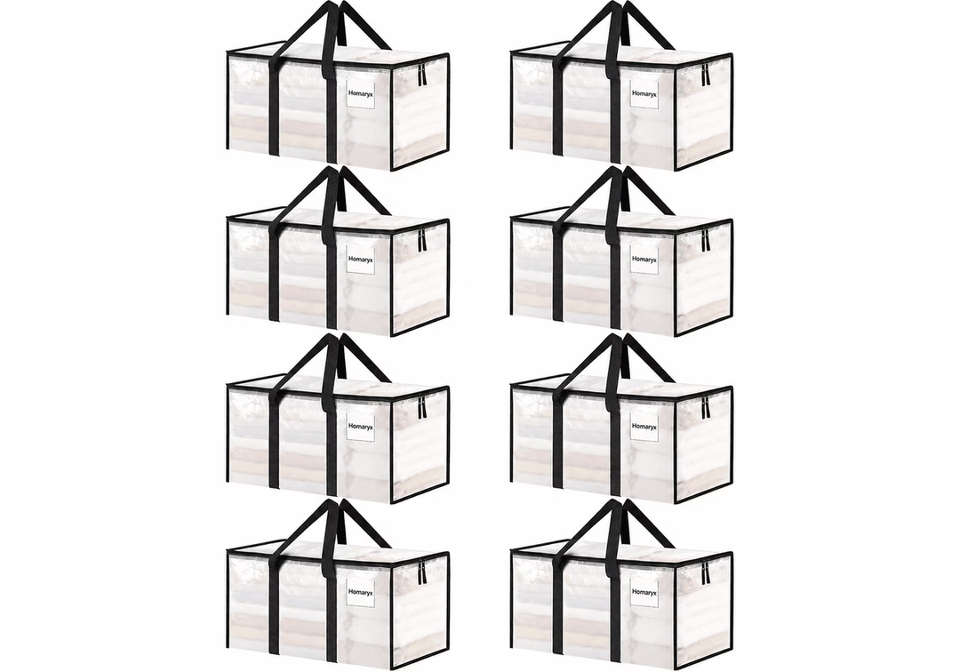 8 Pack Extra Large Heavy Duty Moving Bags, Clear Storage Totes with Zippered Lids and Reinforced Handles for Clothes, Dorm and Moving, Clear