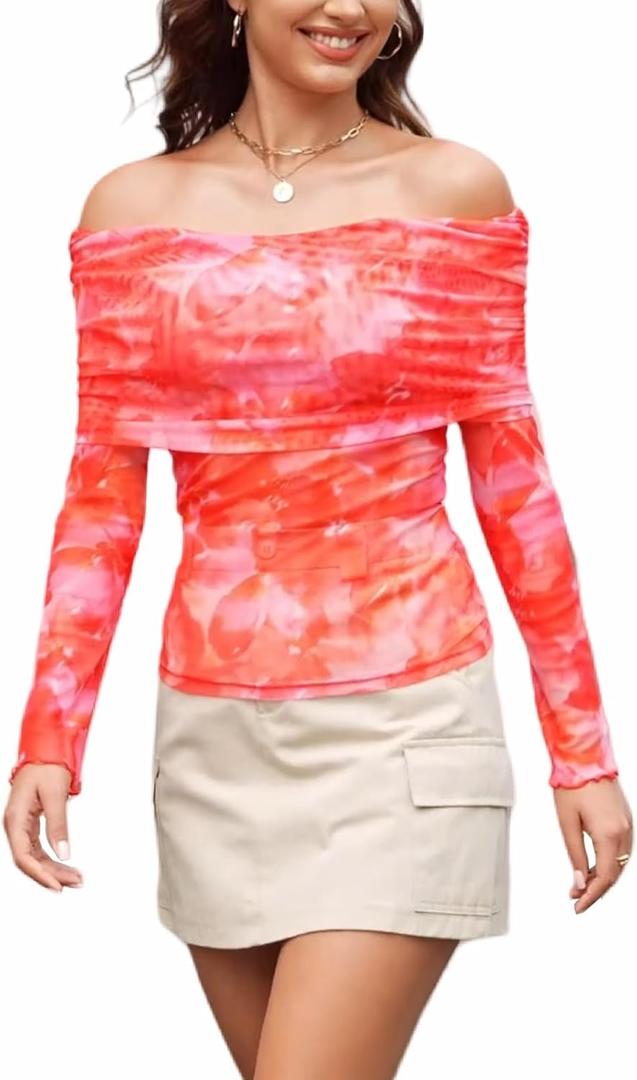ZAFUL Women's Sexy Off The Shoulder Mesh Tops Sheer Stretchy Shirts Party Going Out Blouse (S)