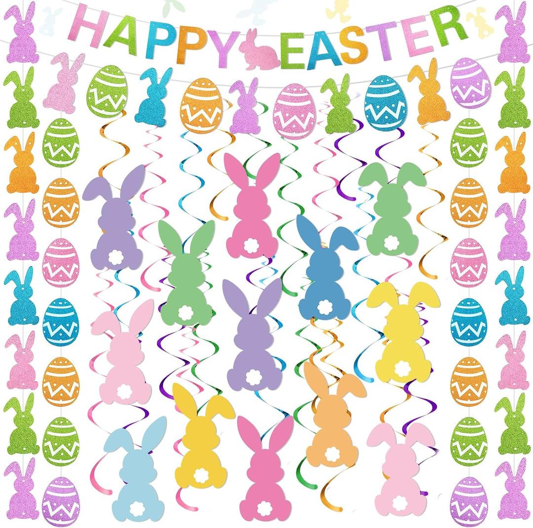 Fullhawl 30 Pcs Happy Easter Decorations Set Easter Party Decoration Egg Bunny Garlands Banner Hanging Swirls Ceiling Streamers Strings for Home Office Classroom Spring Party Decor