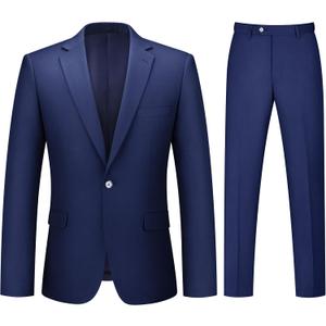 Mens Suit 2 Piece Suits for Men One Button Slim Fit Solid Jacket & Pants Tuxedo Set Business Wedding Party (Medium, Navy Blue)