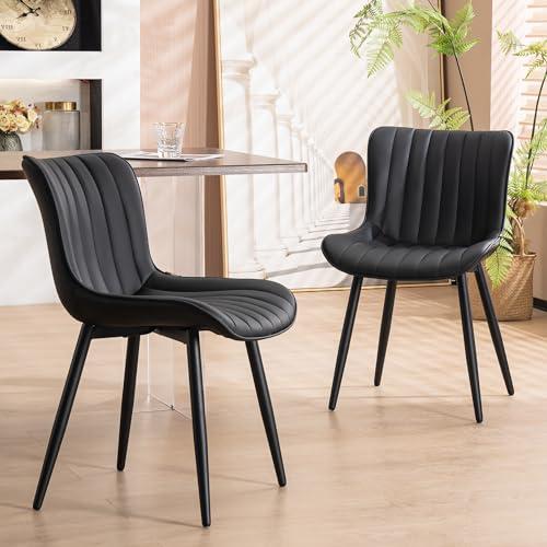YOUNUOKE Black Dining Chairs Set of 2, Faux Leather Upholstered Kitchen & Dining Room Chairs with Back, Mid Century Modern Minimalist Accent Chair Armless for Guest Reception Waiting Living Room