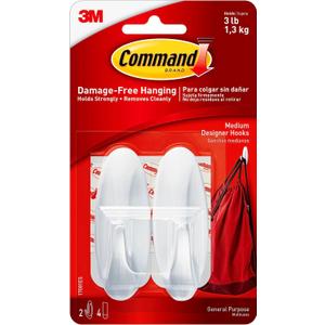 Command Medium Designer Hooks, 2 Hooks and 4 Command Strips, Damage-Free Hanging Wall Hooks with Adhesive Strips, No Tools Adhesive Hooks for Hanging, Organization and Storage, Holds up to 3 lb