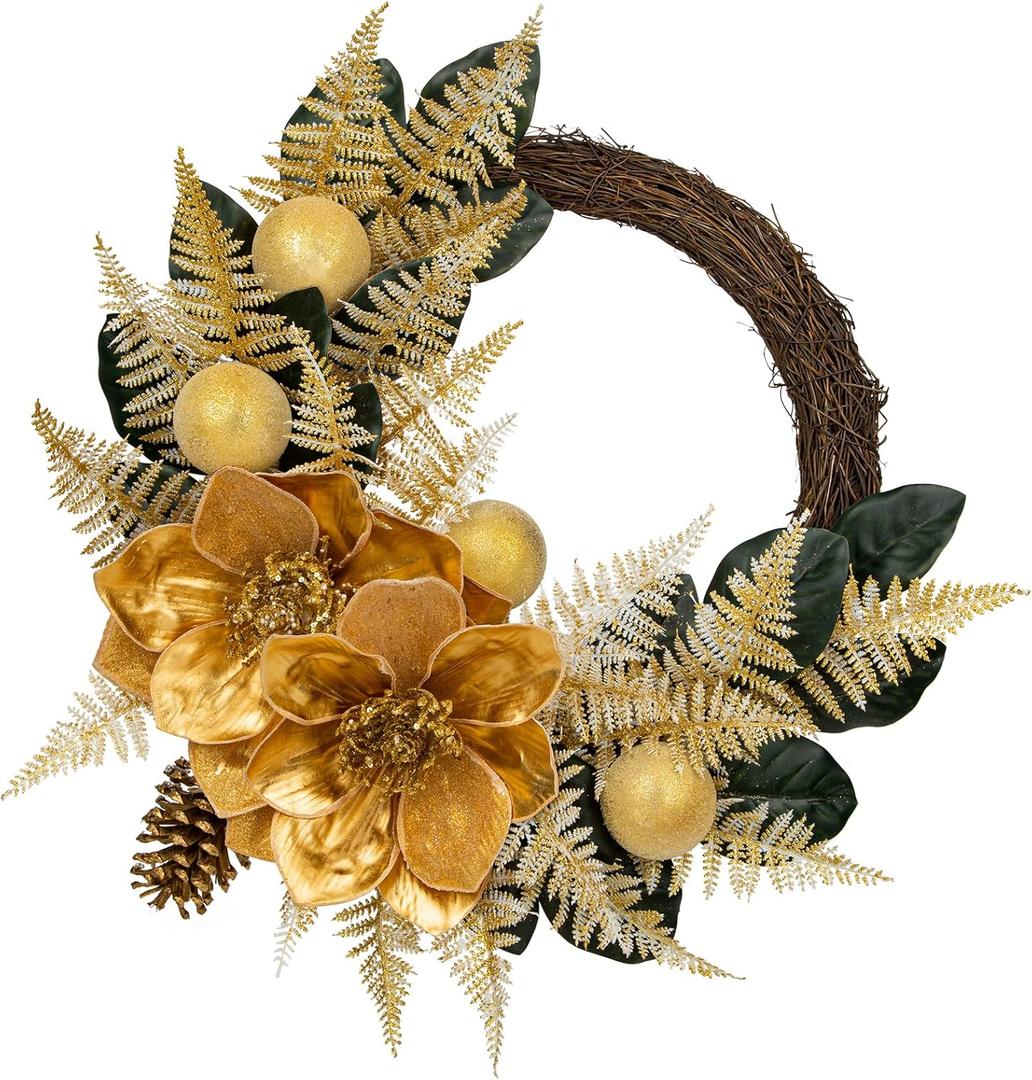 24" Christmas Wreath for Front Door  Artificial Winter Half Wreath with Gold Maglonia Flower, Ball Ornaments, Fern Leaves for Indoor & Covered Outdoor Holiday Christmas Decoration