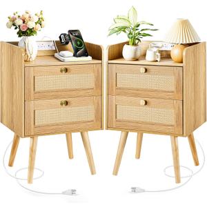 Nightstands Set of 2 with Charging Station, Modern Boho Rattan Bedside Tables with 2 Drawers, Solid Wood Legs, Open Storage End Tables for Bedroom Living Room Dorm  Natural