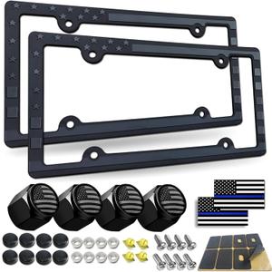 BGGTMO American Flag License Plate Frames- Patriotic USA Stars and Stripes Plastic Car Tag Holder Cover (Gloss on Matte Black) with Screws