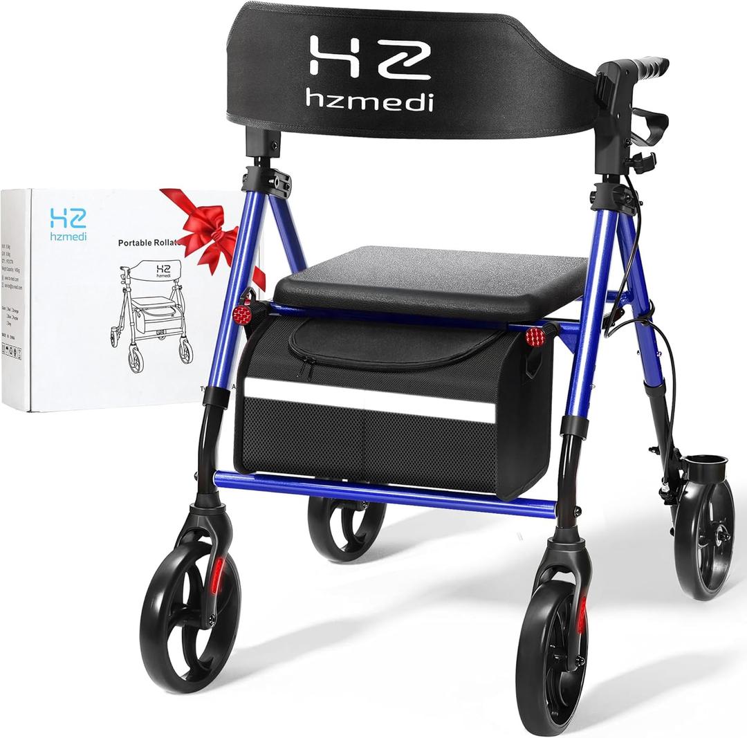 Walkers for Seniors Lightweight with Seat Foldable, Blue Frame 8" Big Wheels Adult Walker for All Terrain, Dual Adjustable Height Rolling Walker Transport 4 Wheels Walker| Royal Blue