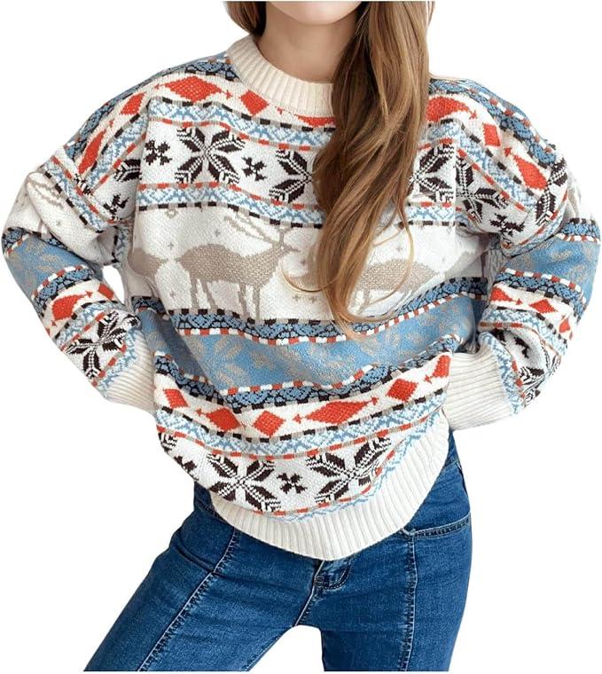 Christmas Sweaters for Women Long Sleeve Graphic Print Crew Neck Funny Pullover Cable Knit Sweater Warm Winter Tops