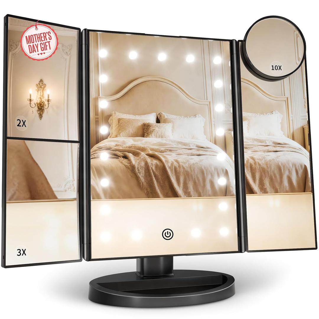 HUONUL Makeup Mirror, Vanity Mirror with Lights, 2X/3X/10X Magnification, Touch Control, Trifold, Dual Power Supply, Mothers Day for Mom Gifts,Gifts for Women, Wife, Mom, Girls,Dorm Room Essentials