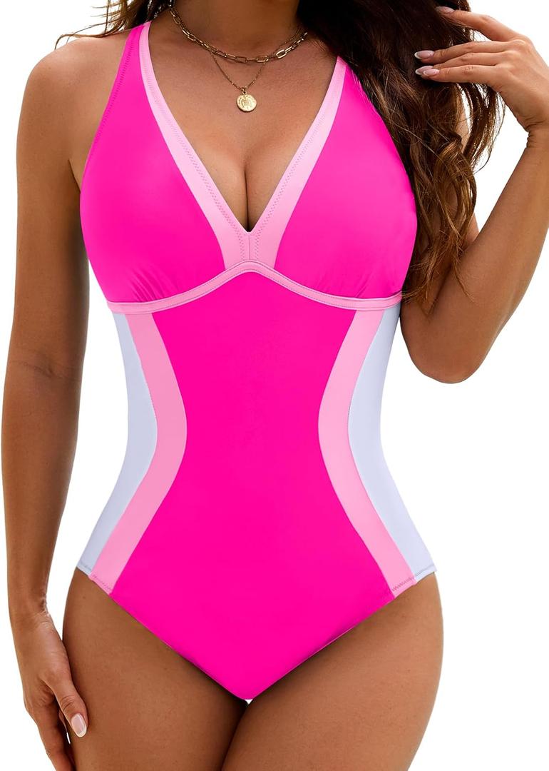 BMJL Womens One Piece Swimsuit Slimming Tummy Control Bathing Suit Color Block Shapewear Swim Suits 2026 (X-Large, Hot Pink)