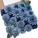 Dusty Blue Flowers Artificial Roses Combo Set Faux Blue Silk Flowers Fake Roses Mix Chrysanthemum Dahlia with Stems for Wedding Bouquets Baby Bridal Shower Party Floral Arrangements Decor