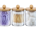 Apothecary Jar Canisters Bathroom Vanity Organizer - Qtip Holder Storage Organizer Countertop -Stainless Steel Lids &Cute Stickers for Qtips,Cotton Swabs,Makeup Sponges,Floss(3 Pack) (Gold)