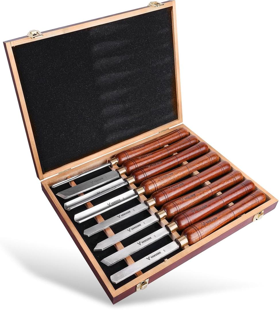 8-Pieces HSS Wood Turning Tools Lathe Chisel Set with Wooden Box, Wood Lathe Tools for Woodworking Projects