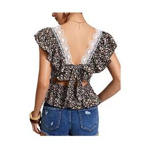 SweatyRocks Women's Floral Printed Lace Blouses Tie Back Ruffle Sleeve Square Neck Peplum Tops XL