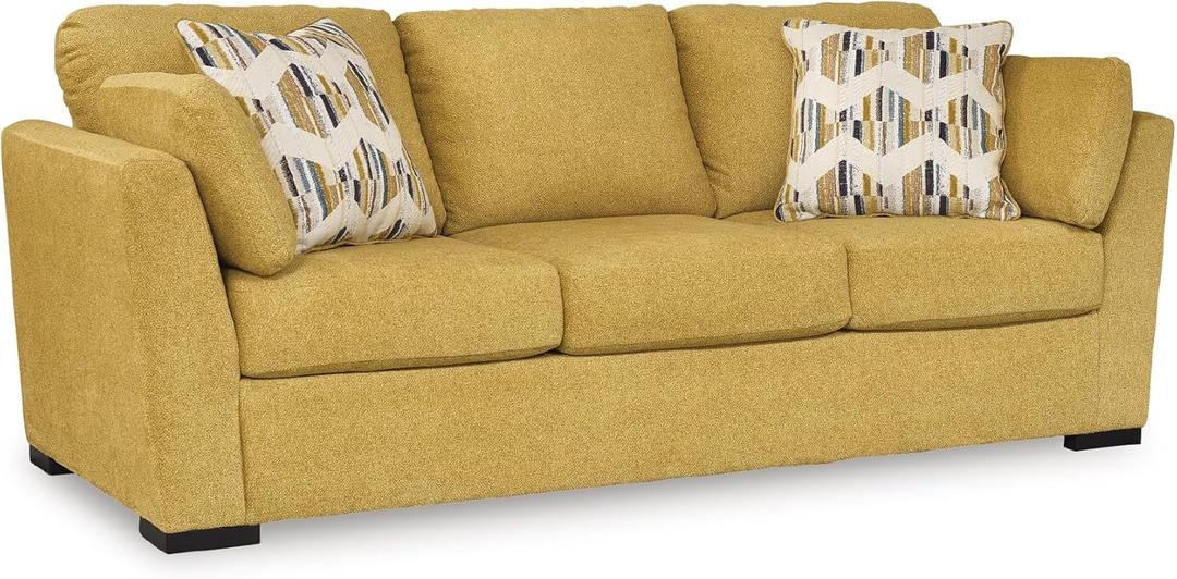 Signature Design by Ashley Keerwick Scandinavian 2-in-1 Sofa Sleeper with Folding Gel Memory Foam Mattress and 4 Pillows, Queen, Yellow