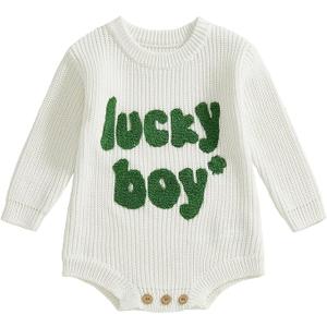 Newborn Baby Boy St Patricks Day Outfit Embroidery Knit Sweater Romper Long Sleeve Knitted Bodysuit, 3-6M