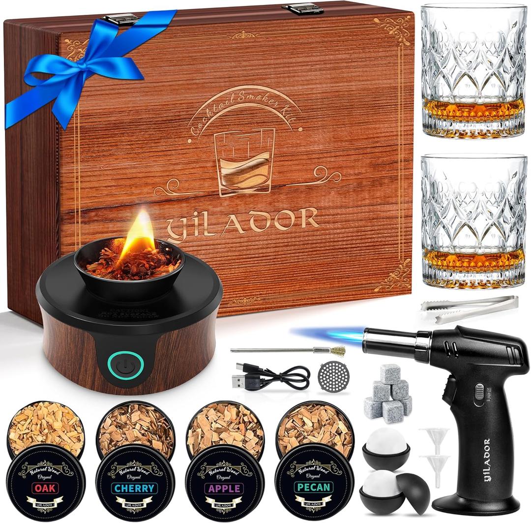 Electric Whiskey Smoker Kit with Wooden Box, 4 Wood Chips, Torch, Ice Molds, 2 Glasses, Stones, Old Fashioned Bourbon Cocktail Smoker Infuser Kit, Whiskey Gifts for Father, Men, Husband (No Butane)