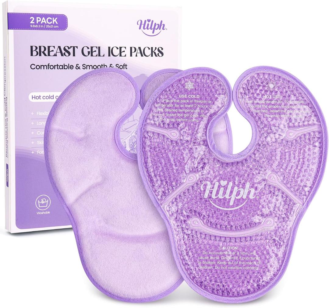 Hilph 2 Pack Larger Breast Ice Packs for Engorgement with Extended Coverage, Dual-Sided Hot Cold Therapy Pad for Breastfeeding, Post-Surgery, Mastitis & Nipple Relief, Great Gift for New Moms