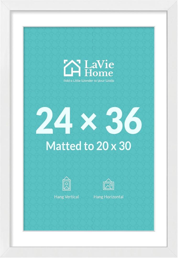 24 x 36 Poster Frame White, Display Pictures 20x30 with Mat or 24x36 Without Mat, Stable and Sturdy Picture Frame and Polished Plexiglass, Horizontal and Vertical Format of The Wall（1 Pack）
