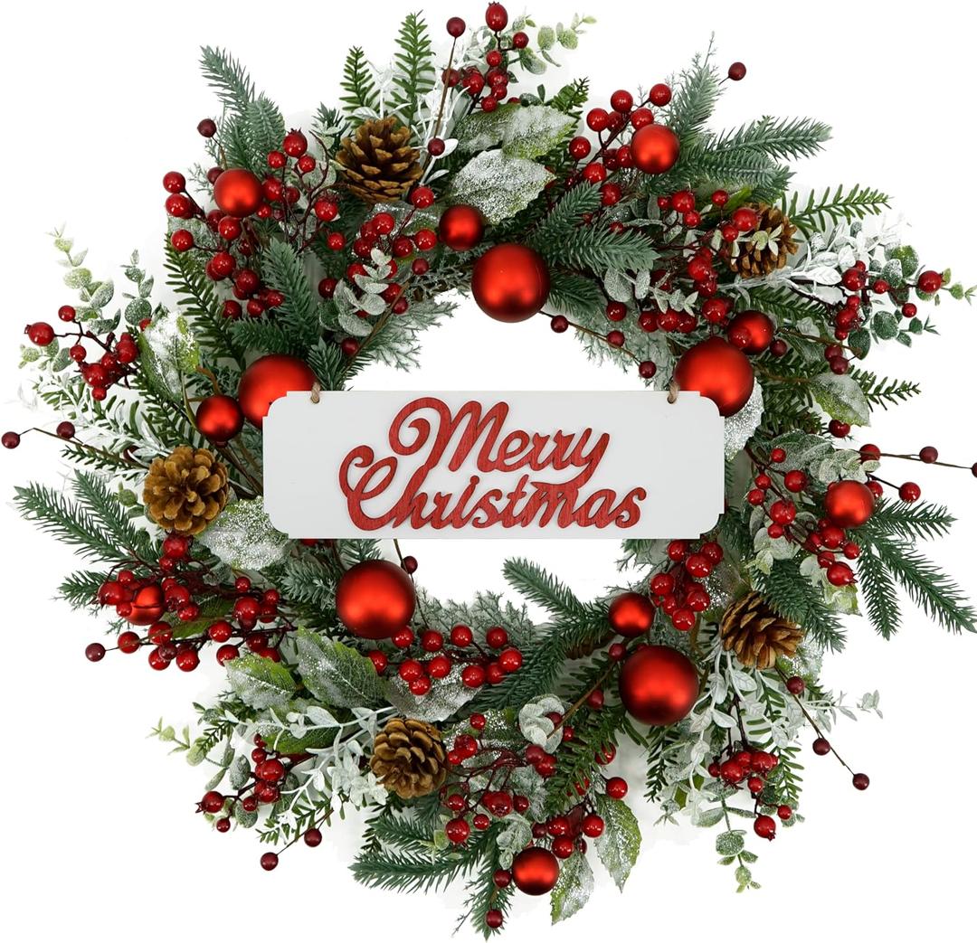 20 inch Artificial Christmas Wreath Winter Wreath with red Ball,red Berry,Pine Needles for Indoor Outdoor Farmhouse Home Wall Window Festival Wedding Decor 20 inch Artificial Christmas Wreath Winter Wreath with red Ball,red Berry,Pine Needles for Indoor Outdoor Farmhouse Home Wall Window Festival Wedding Decor