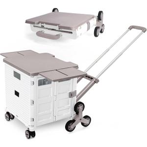Foldable Utility Cart Portable Crate Rolling Dolly with Telescopic Handle,Can be Pulled diagonally, Magnetic Retractable Lid, 360Swivel Climbing Wheels for Shopping Carrying Groceries Move White (Whitepro)