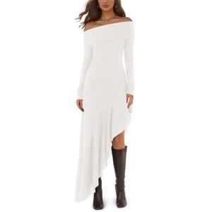 Fisoew Women's Off The Shoulder Long Sleeve Maxi Dress Fall Casual Ruffle Irregular Hem Wedding Guest Dresses, White, Large