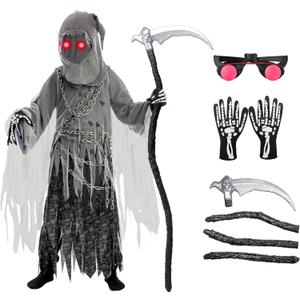 Spooktacular Creations Child Unisex Grim Reaper Costume, Halloween Costume with Glowing Red Eyes for Kids Trick-or-Treating Large