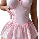 Sexy Choker Corset Underwire Lace Sheer Garter Stockings Babydoll Lingerie Set with Thong 4 Piece Outfits Women Bustier Push Up See Through Matching Bra Panty Underwear Pink Medium