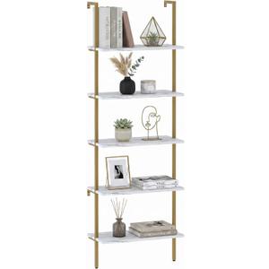 aboxoo Ladder Shelf White Marble Bookshelf 5-Tier Wall-Mounted Wood Rack Industrial Modern Plant Flower Stand Utility Organizer Open Bookcase Metal Frame Furniture Office Kitchen Bedroom, 1PC