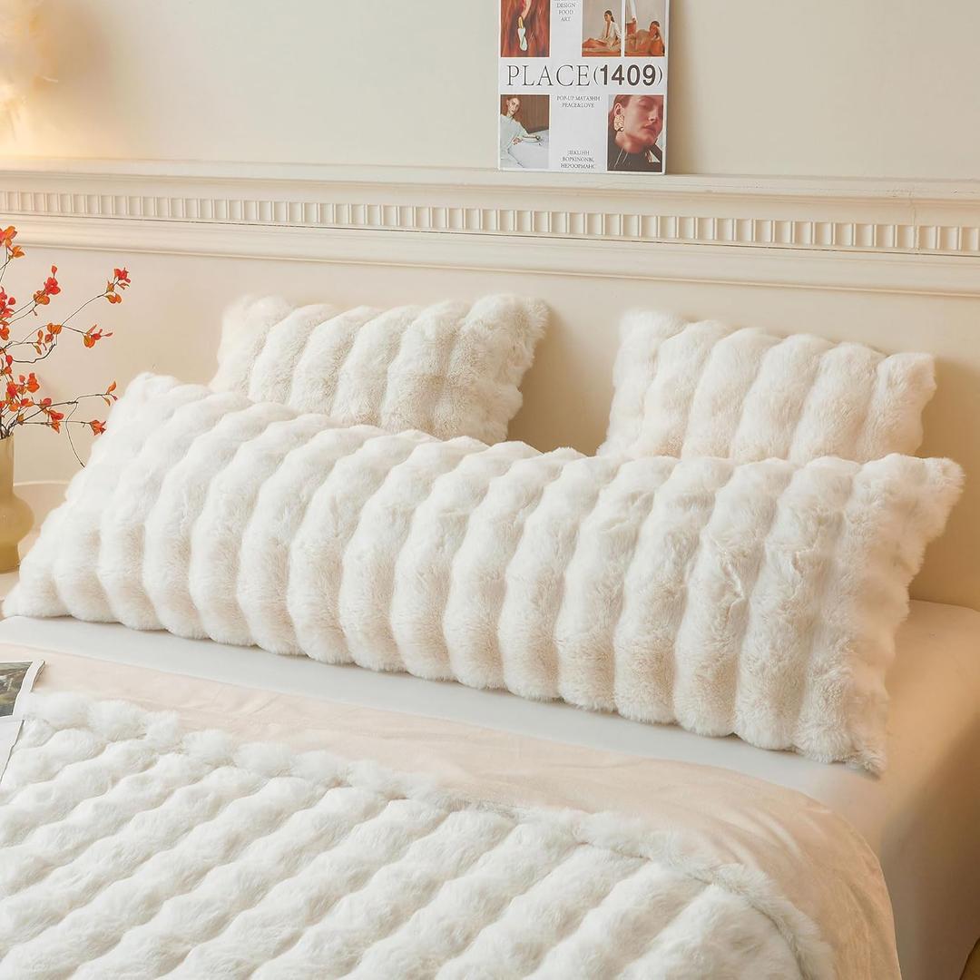 LIFEREVO Fluffy Faux Rabbit Fur Body Pillow Cover, Luxury Ivory Bubble Shaggy Plush Bed Body Pillowcase with Zipper Closure, Long 20"x54" Fuzzy Furry Pillow Case for Adults Kids Girls Teens, Beige