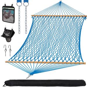 SUNCREAT Polyester Rope Hammock with Bamboo Spreader Bar, Carrying Bag, 450 lbs Capacity, Two Person Hammock with Tree Hooks, Blue