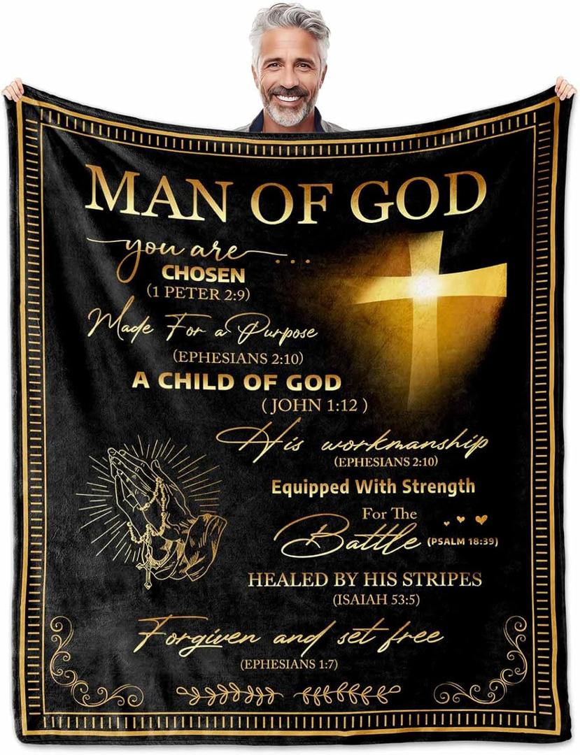 Christian Blanket for Men 60"X50" - Religious Gift for Faith, Man of God, Catholic, Spiritual, Jesus - Prayer and Bible Verse Throw