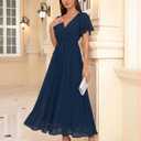 Bebonnie Womens Summer Wrap V Neck Short Sleeve Flowy Layers Chiffon Wedding Guest Maxi Dresses (Blue, L)