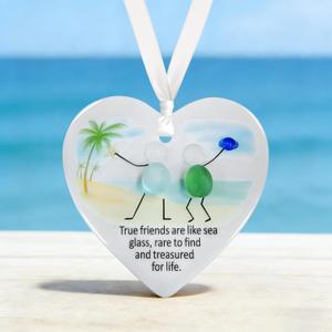 Heart-Shaped Sea Glass Art Friendship Ornament Decor,Ceramic Keepsake Pendant Graduation Birthday Gifts for Friends Women Coworker Sisters (1)