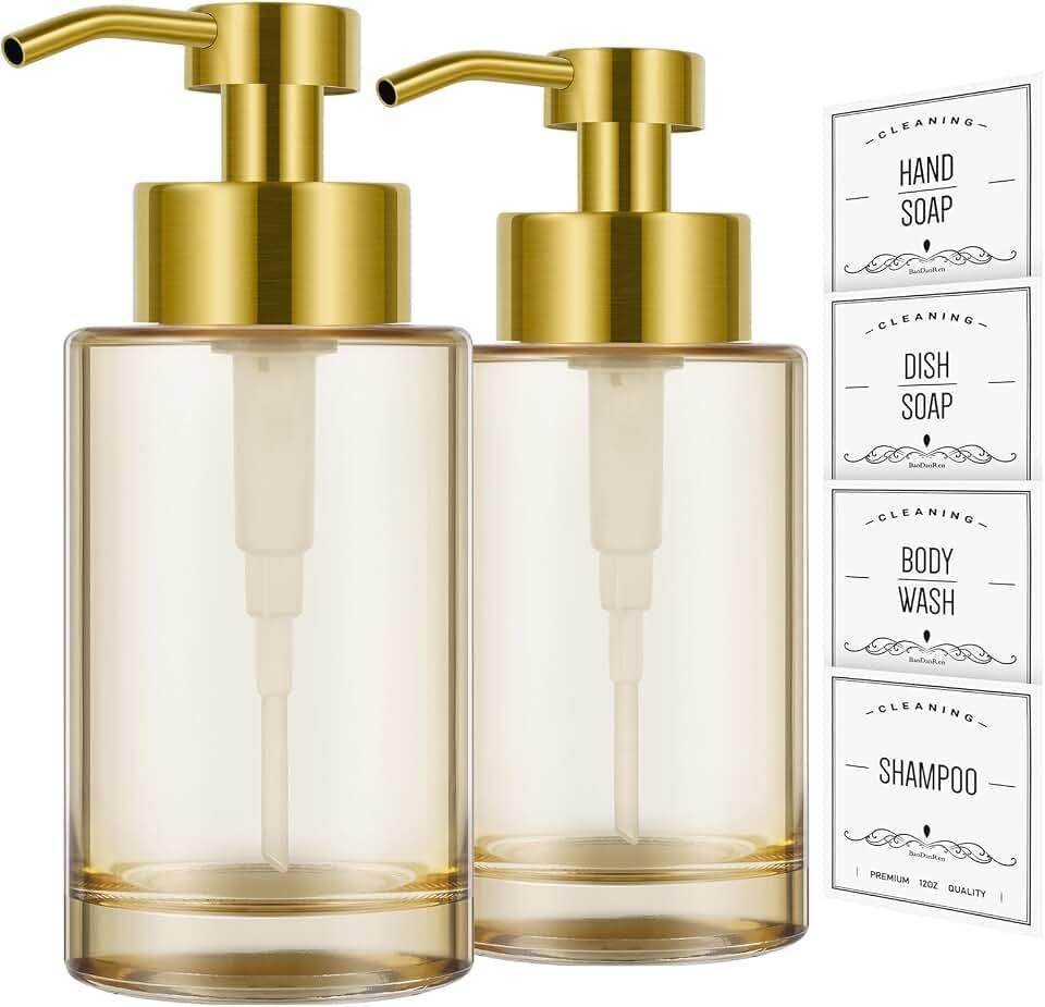 Glass Soap Dispenser with Stainless Steel Pump,12oz Gold Hand Liquid Soap Dispenser,Thick Glass Soap Dispenser for Bathroom,Kitchen