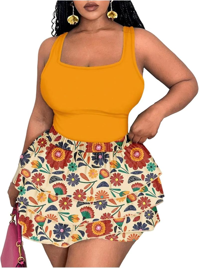 SOLY HUX Women's Plus Size 2 Piece Summer Vacation Outfits Floral Print Tank Tops and Ruffle Layered Shorts Set (4X-Large Plus)