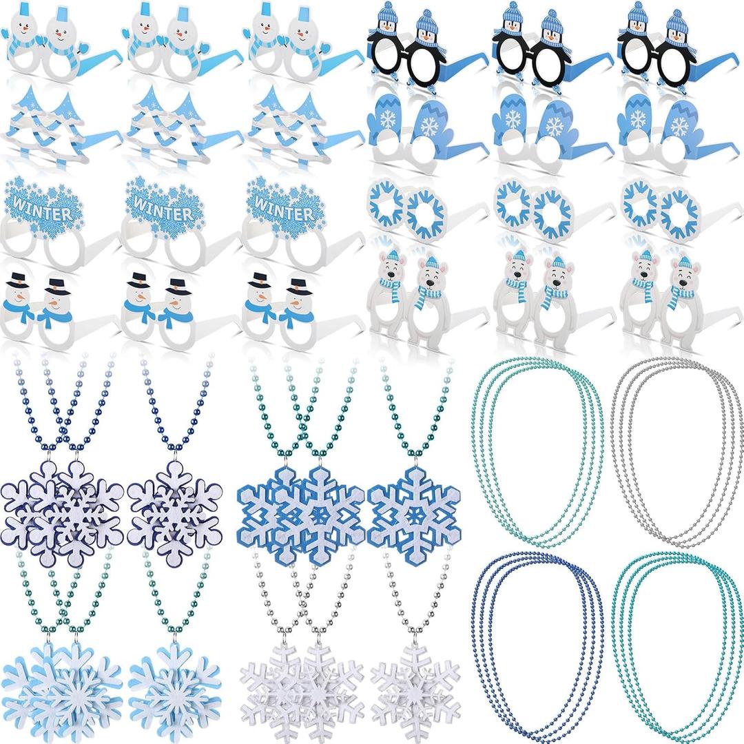 48pcs Winter Party Favor Snowflake Winter Wonderland Party Decorations Snowman Bear Penguin Paper Eyeglasses Bead Necklaces Supplies Photo Booth Props for Holiday Shower Birthday