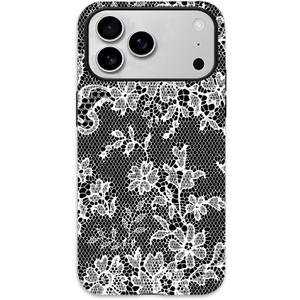 for iPhone 17 Pro Case, Cute Vintage Lace Flower Pattern Phone Case for Women Girls, Aesthetic Elegant Hybrid 2-Layer Hard Shell Protective Cover, Black & White Floral Lace