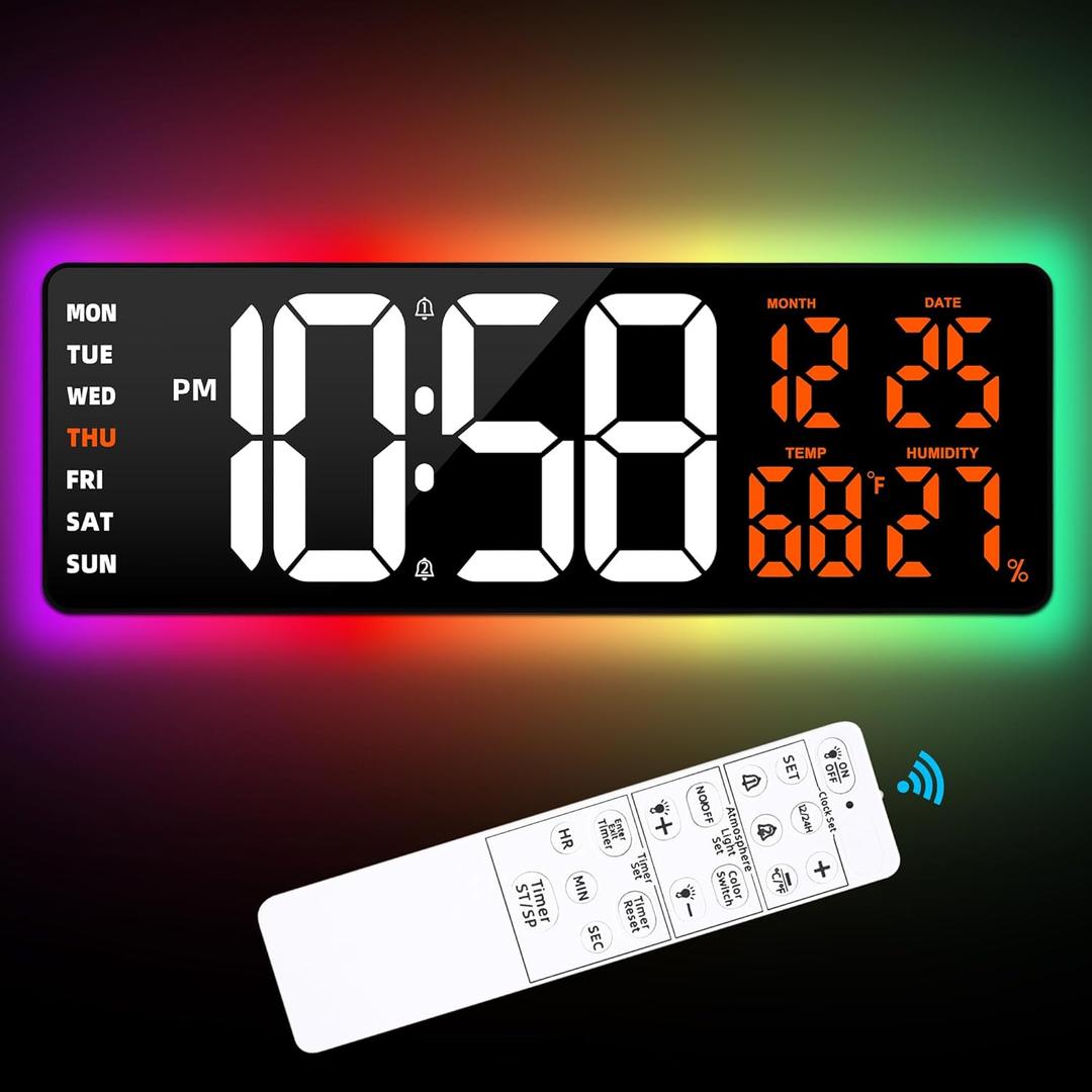 Large Digital Wall Mount Clock 17.3" Led Large Display with Jumbo Number, 8 Color Modes Atmosphere Lights, Auto-Dimming/DST, Count Down/Up Timer for Classroom Living Room Gym Gift for Senior Mom Dad