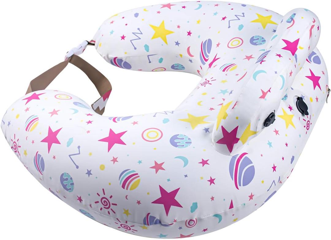 Inflatable Nursing Pillow for Breastfeeding  Travel Baby Feeding Cushion for Mom Support, Adjustable Waist Strap, Removable 100% Cotton Cover  Portable Newborn Essentials (White+pink)
