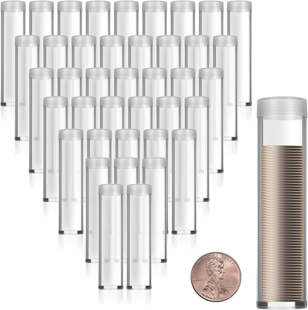 40 Pack Plastic Coin Tubes for Cent,Coin Storage Tubes with Screw-On Caps, Plastic Coin Holders for Coin Collection Supplies, Long-Term Coin Storage (Cent)