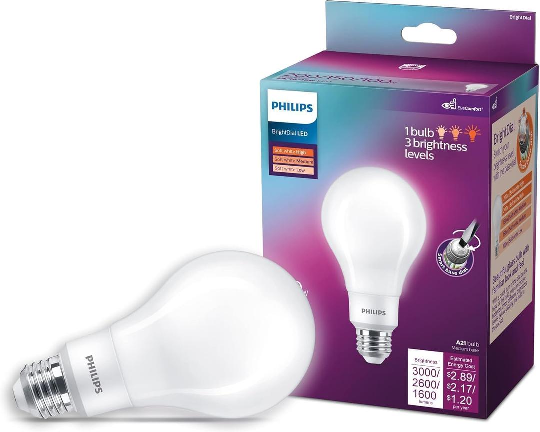PHILIPS LED 150-100-60W A21 1-Pack BrightDial Soft White (2700K) 2605-1600-800 Lumen (22-12-8W = 150-100-60W) Clear Flicker-Free Light Bulb