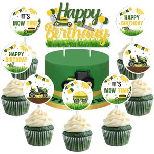 Lawn Mower Happy Birthday Cake Topper Decors Green Tractor Farm Themed Party Lawnmower Decorations It's Mow Time 1st 2nd 3rd Table Decor