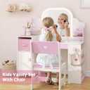 Kids Vanity with Lights and Chair, Princess Makeup Vanity Desk with Mirror Bookshelf Storage Cabinet,3 in 1 Toddler Vanity Table,Children Makeup Dressing Table,Pretend Play Vanity Set for Little Girl