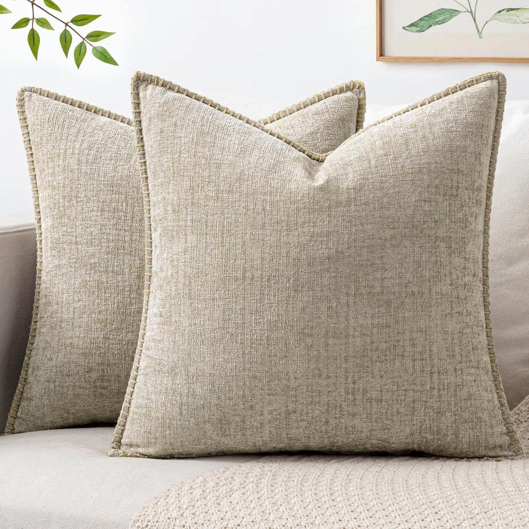 MIULEE Decorative Couch Throw Pillow Covers 18x18 Inch Light Taupe 2 Pack | Neutral Farmhouse Pillow Covers with Stitched Edge, Soft Chenille Cushion Cases, for Sofa Bed Living Room Home Decor