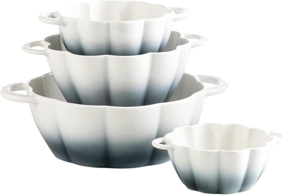 4 Piece Mixing Bowls Set, Cute Pumpkin Nesting Bowls for Kitchen, Ceramic Serving Bowls for Prepping, Pasta, Dessert, Salad, Soup, etc - Kitchen Cooking and Baking Supplies (White and Blue)