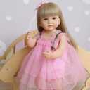 Reborn Baby Dolls Silicone Full Body Girl 22 inch Lifelike Toddler Doll Realistic Reborn Dolls Waterproof with Blond Long Hair Pink Dress for Birthday Gifts