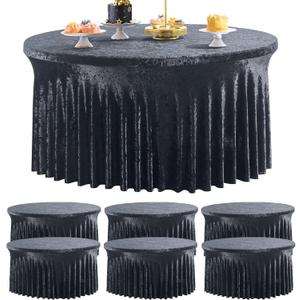 6 Pack Black Velvet Round Tablecloths for 60 inch Table, Wrinkle Free Stretchy 120 inch Spandex Fitted Round Table Cloths Covers Washable Clothes for Wedding Birthday Parties Banquet