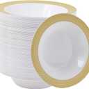 JOLLY CHEF 100 Disposable Plastic Bowls, 12oz Heavy Duty Disposable Dinner Bowls, Dessert Bowls with Gold Rim for Party, Dinners, Catering, Thanksgiving and Everyday Use
